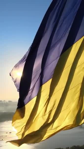 Videoclip vertical Drapelul național al Ucrainei pe zi. Vedere aeriană . — Videoclip de stoc