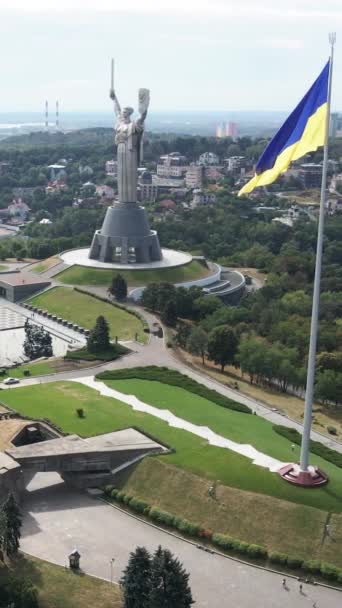 Vertikal video Nationell flagga i Ukraina på dagen. Flygbild. — Stockvideo