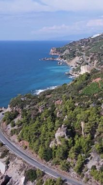 Sahil kenarındaki deniz, deniz manzaralı kıyı şeridi. Dikey video