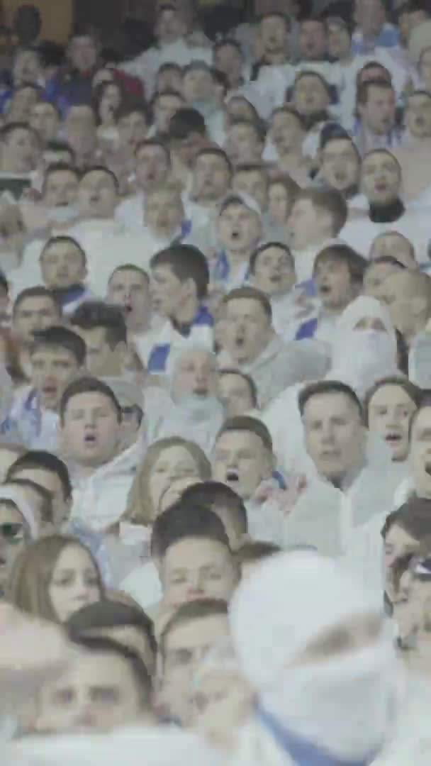 Aficionados en el estadio durante el partido. Vídeo vertical — Vídeo de stock