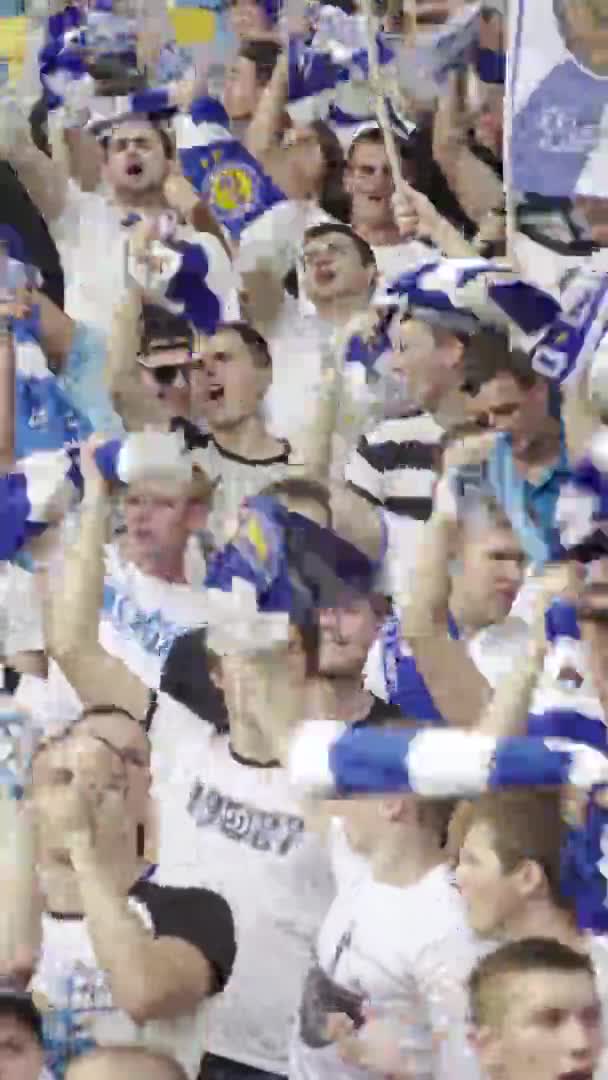 Aficionados en el estadio durante el partido. Vídeo vertical — Vídeo de stock