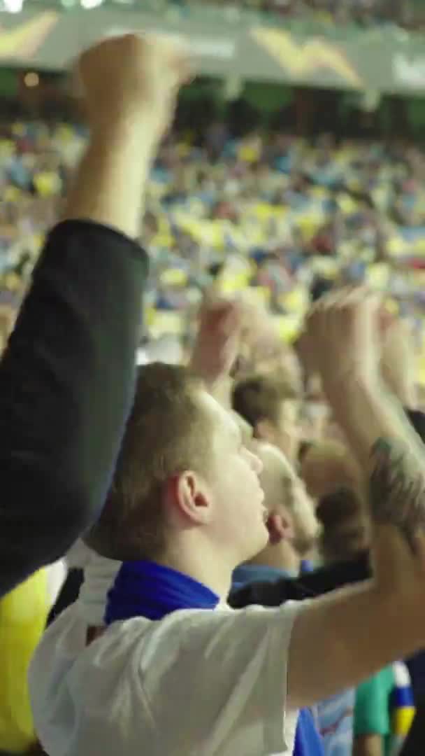 Ventilateurs dans le stade pendant le match. Vidéo verticale — Video