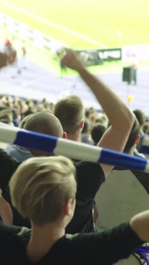 Aficionados en el estadio durante el partido. Vídeo vertical — Vídeo de stock