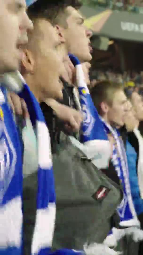 Rajongók a stadionban a meccs alatt. Függőleges videó — Stock videók