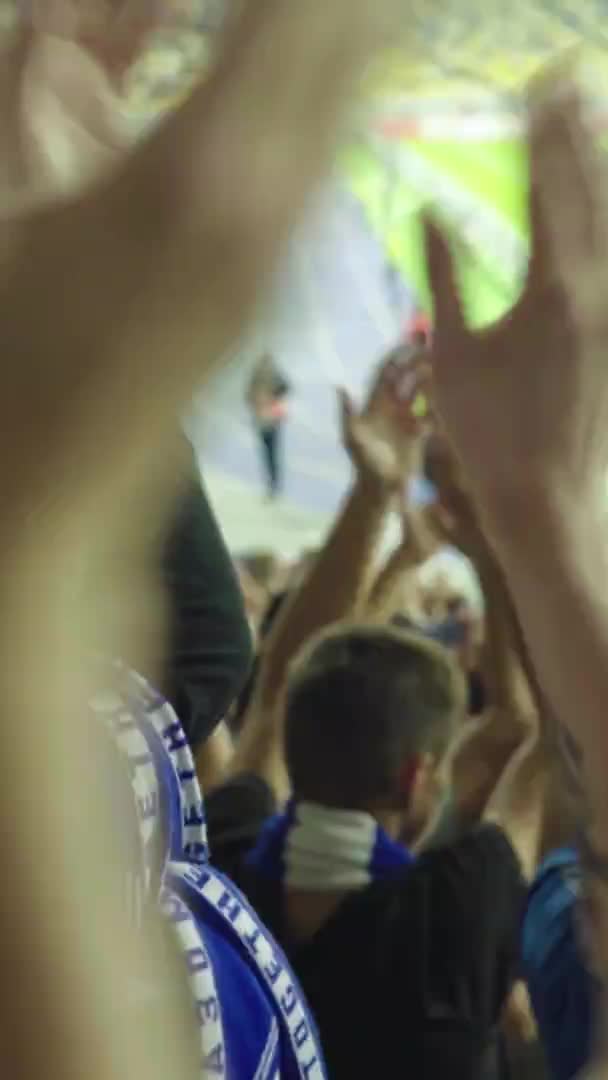 Fãs no estádio durante o jogo. Vídeo vertical — Vídeo de Stock