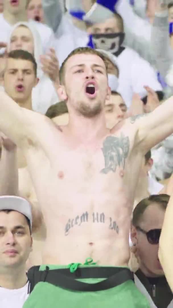 Aficionados en el estadio durante el partido. Vídeo vertical — Vídeo de stock