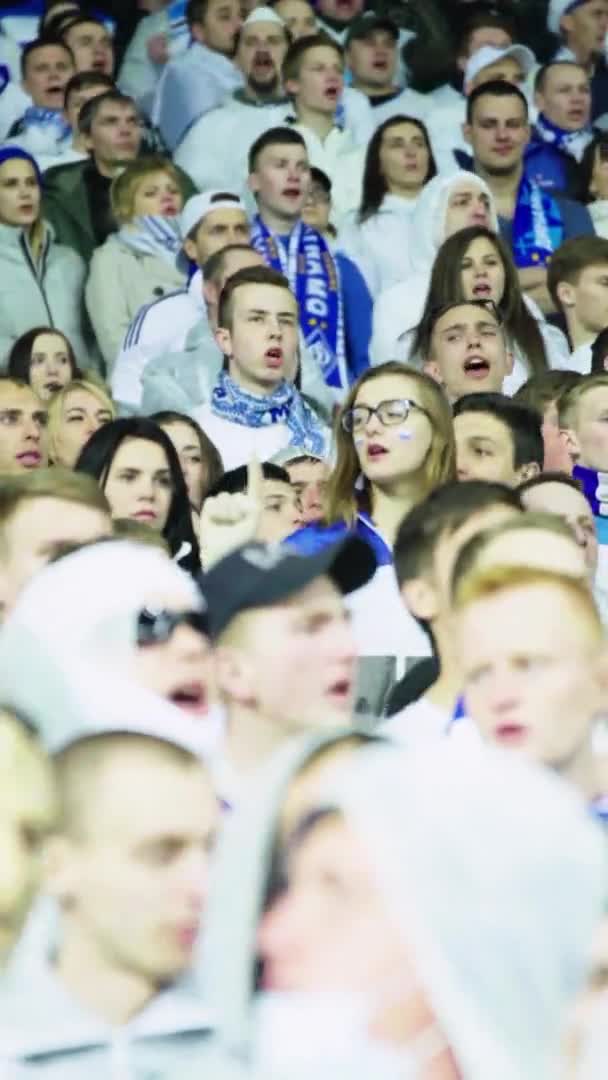 Rajongók a stadionban a meccs alatt. Függőleges videó — Stock videók