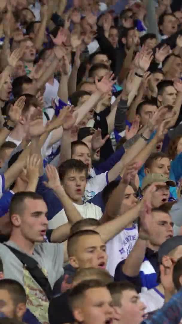 Rajongók a stadionban a meccs alatt. Függőleges videó — Stock videók