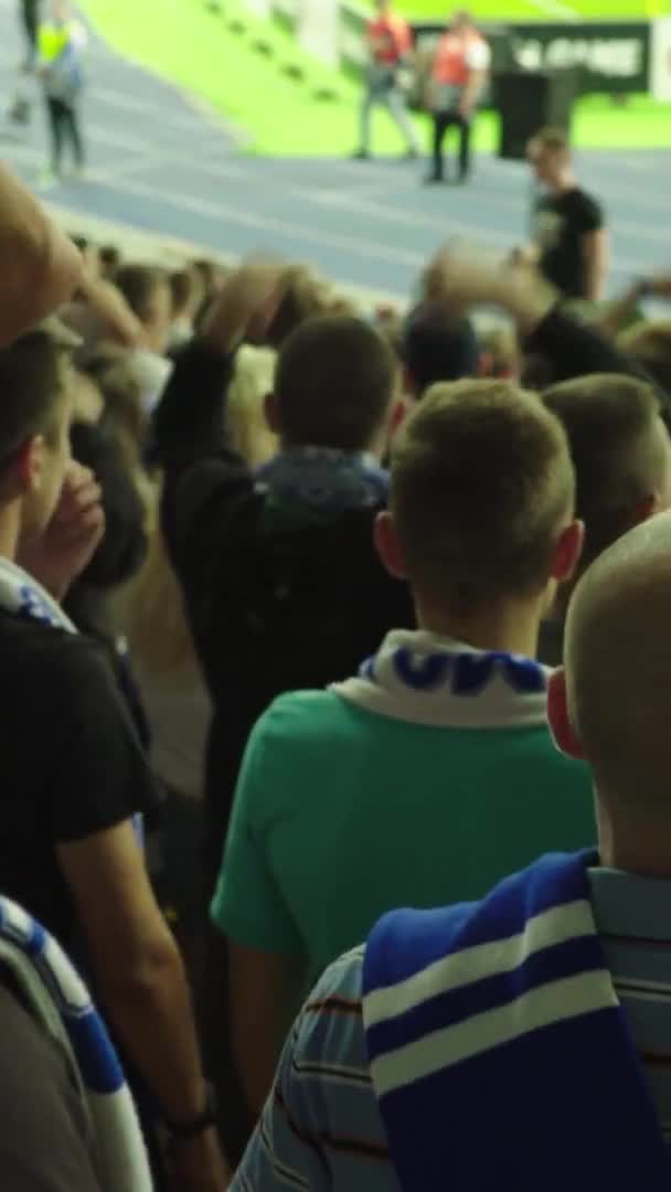 Fans in het stadion tijdens de wedstrijd. Verticale video — Stockvideo