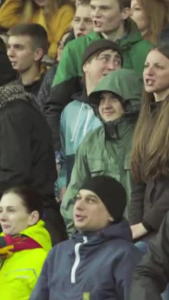 Aficionados en el estadio durante el partido. Vídeo vertical — Vídeo de stock