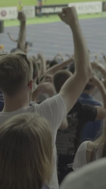 Aficionados en el estadio durante el partido. Vídeo vertical — Vídeo de stock