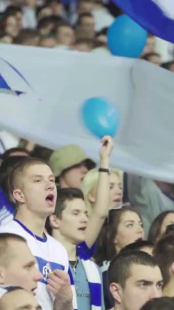 Aficionados en el estadio durante el partido. Vídeo vertical — Vídeos de Stock