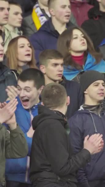 Aficionados en el estadio durante el partido. Vídeo vertical — Vídeos de Stock