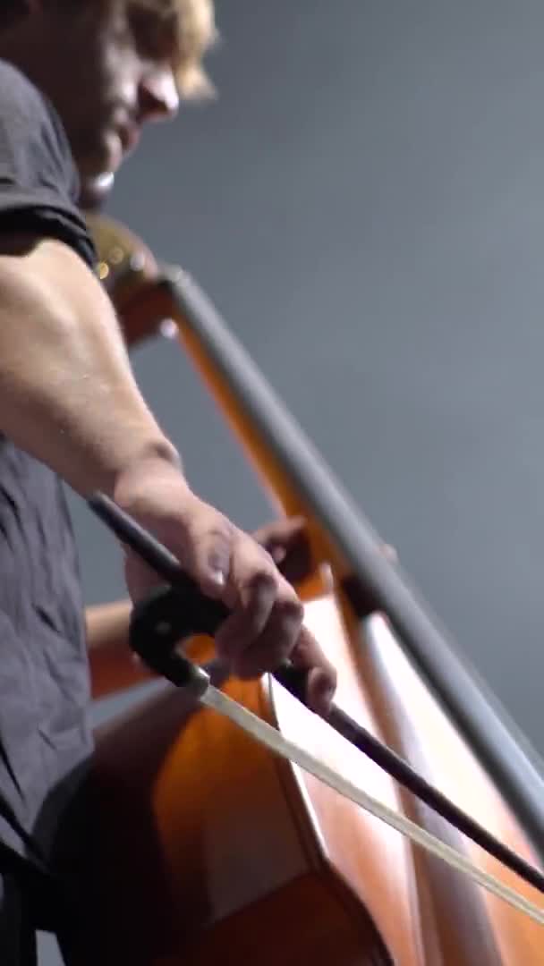 Violoncelista masculino tocando violoncelo no palco no escuro. Vídeo vertical — Vídeo de Stock