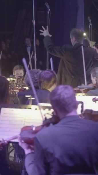 A male conductor conducts on stage. Vertical video — Stock Video