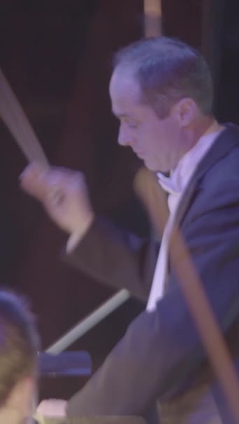 Ein männlicher Dirigent dirigiert auf der Bühne. Vertikales Video — Stockvideo