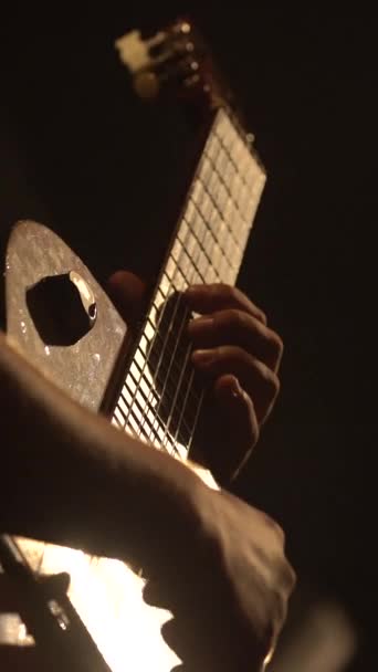 Guitarrista masculino toca la guitarra en la oscuridad. Vídeo vertical — Vídeos de Stock