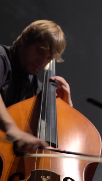 Man cellist speelt cello op het podium in het donker. Verticale video — Stockvideo