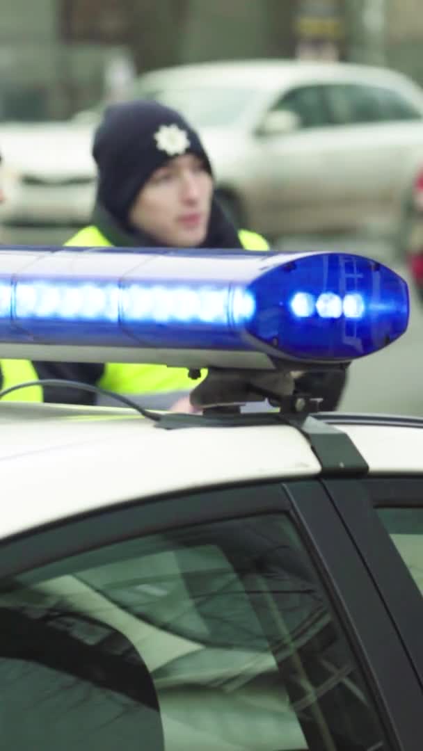 Lampeggiante lampeggiante sul tetto di una macchina della polizia Video verticale — Video Stock