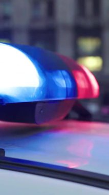 Gece bir polis arabasının çatısında teşhirci. Dikey video.