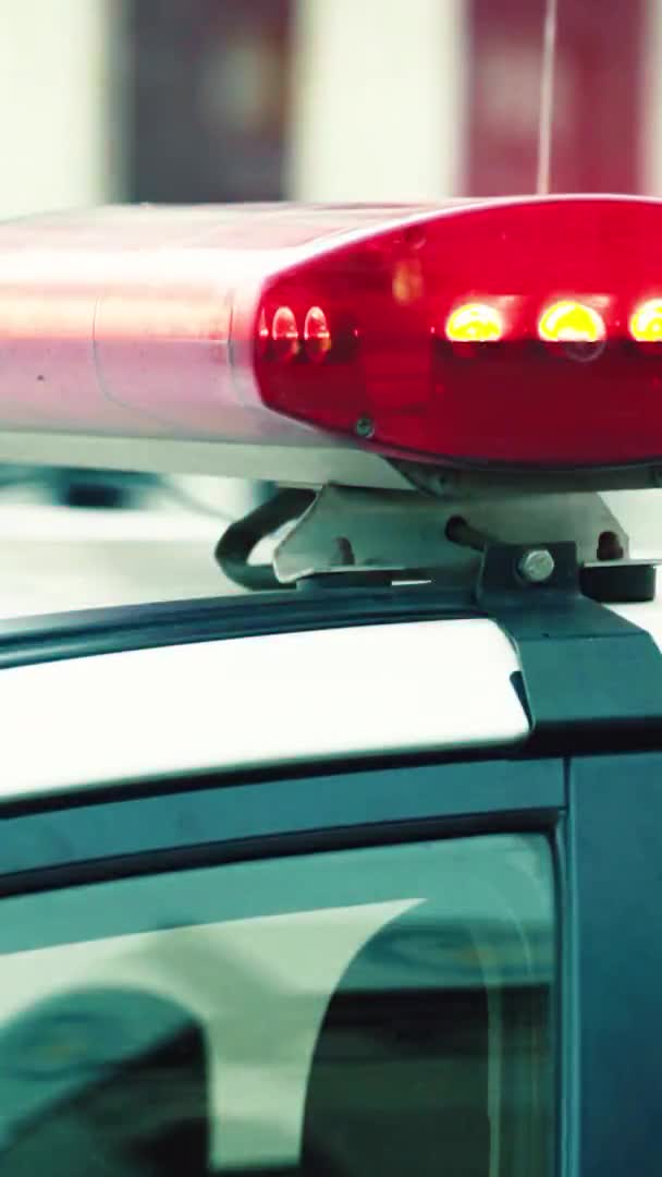Αναβοσβήνει αναλαμπή στην οροφή ενός αυτοκινήτου της αστυνομίας Κάθετη βίντεο — Αρχείο Βίντεο