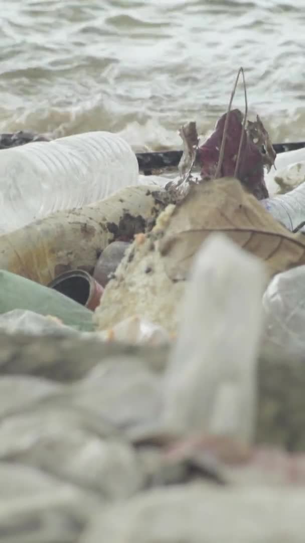 Cestino di plastica sulla riva del mare Video verticale — Video Stock