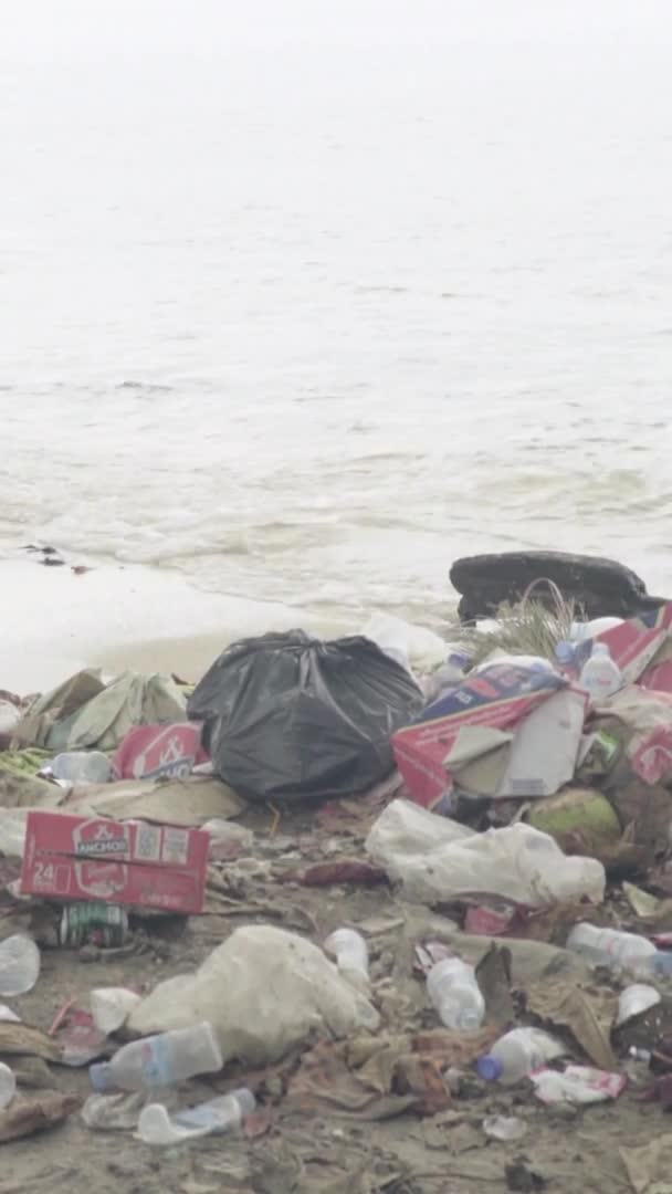 Déchets en plastique sur le bord de la mer Vidéo verticale — Video