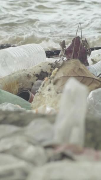 Plastic trash on the seashore Vertical video — Stock Video