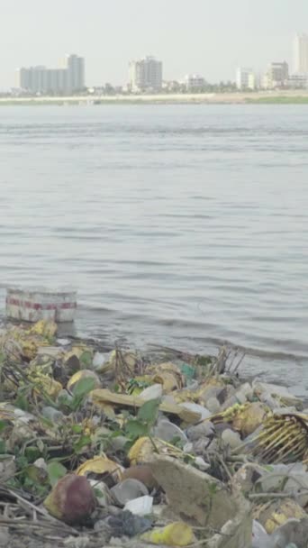 Plastikowe śmieci na wybrzeżu Pionowe wideo — Wideo stockowe