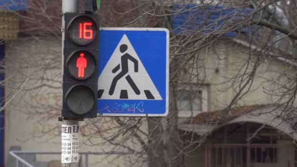 Voetgangers verkeerslicht op een straat in de stad overdag — Stockvideo
