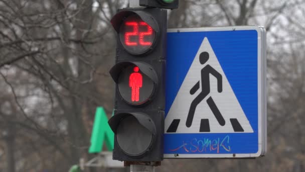 Gyalogos közlekedési lámpa a város utcájában nappal — Stock videók