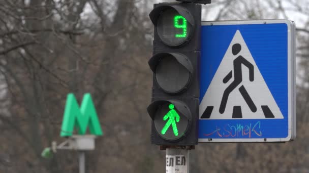 Fußgänger-Ampel auf einer Stadtstraße bei Tag — Stockvideo