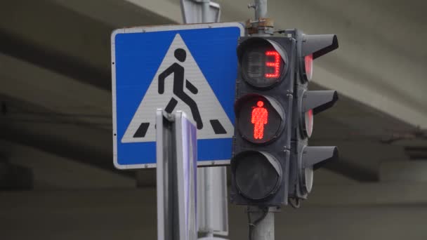 Fußgänger-Ampel auf einer Stadtstraße bei Tag — Stockvideo