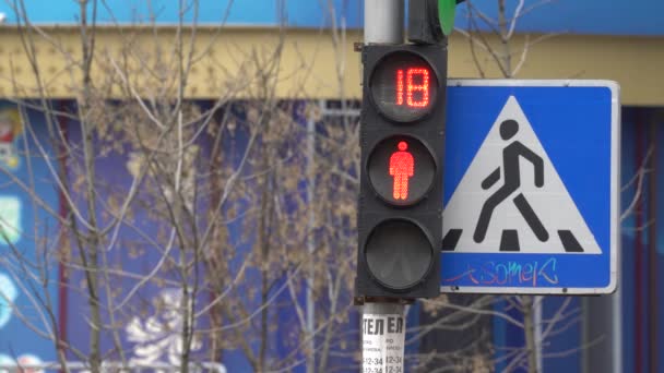 Feu de circulation piétonnier sur une rue de la ville — Video