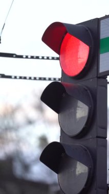 Yoldaki bir trafik ışığının dikey videosu