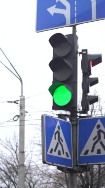 Yoldaki bir trafik ışığının dikey videosu