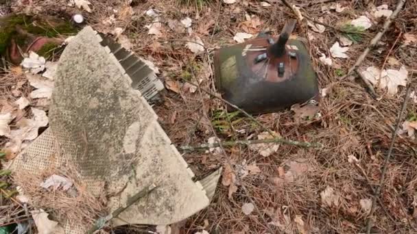 Old computer in a junkyard in the forest, slow motion — Stock Video