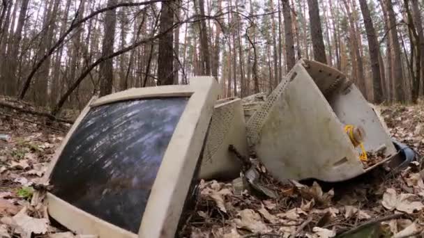 Computer in a junkyard in the forest — Video Stock