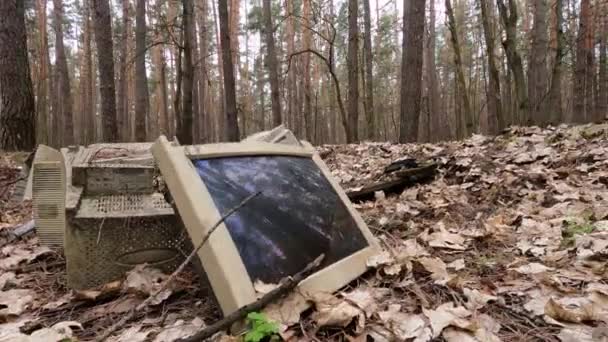 Ordenador en un depósito de chatarra en el bosque — Vídeo de stock