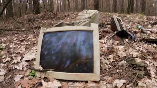 森の中のジャンクヤードのコンピュータ — ストック動画