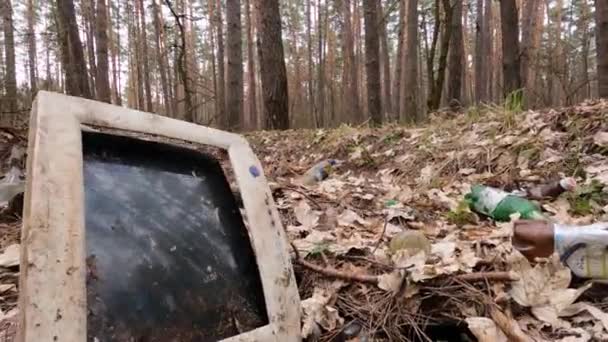 Computer op een autokerkhof in het bos — Stockvideo