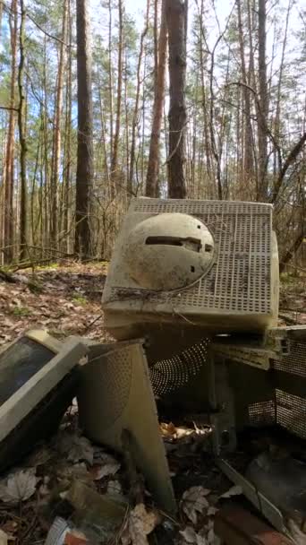 Vertical video of the computer in a junkyard in the forest, slow motion — Stock Video