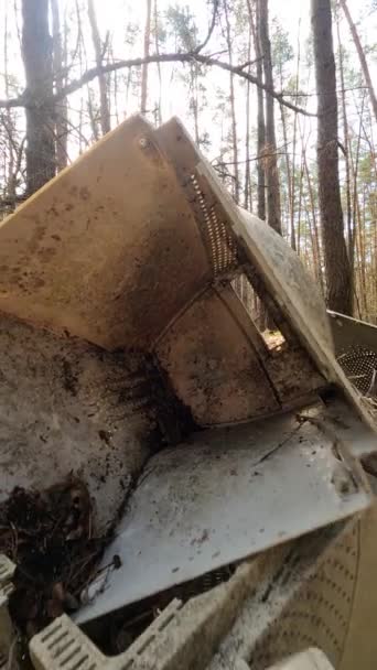 Verticale video van de computer op een autokerkhof in het bos, slow motion — Stockvideo