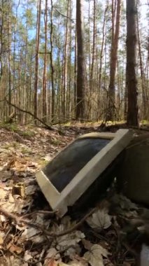 Ormandaki bir hurdalıkta bilgisayarın dikey videosu