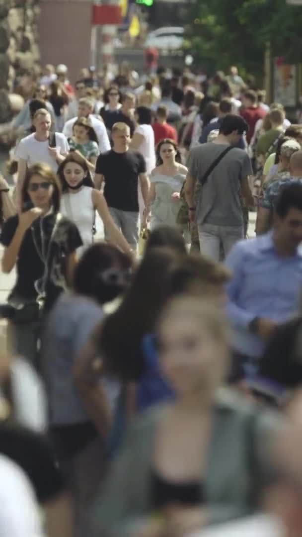 Függőleges videó sok ember sétál a tömegben végig a város utcáin — Stock videók