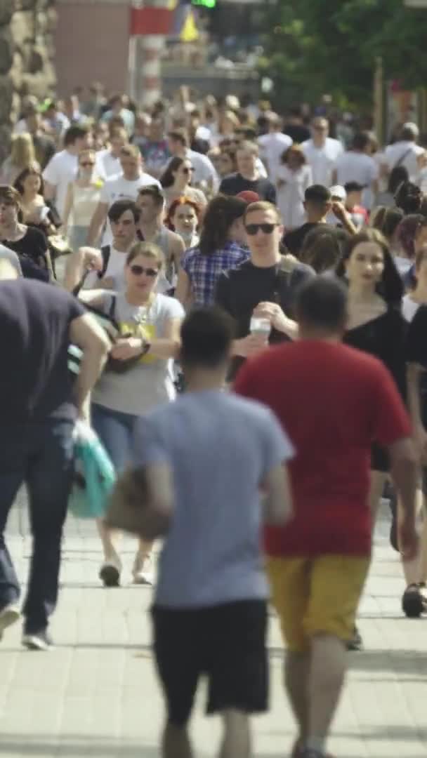 Függőleges videó sok ember sétál a tömegben végig a város utcáin — Stock videók