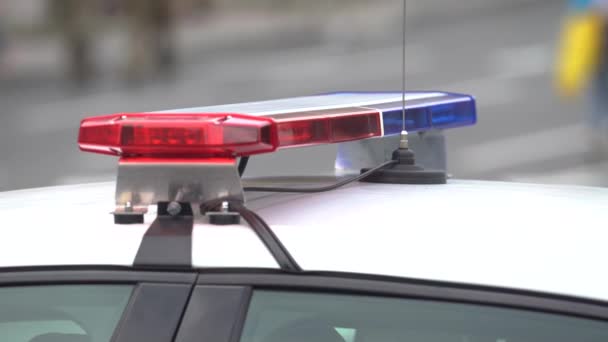 Блимає поліцейський спалах на даху поліцейського патрульного автомобіля — стокове відео