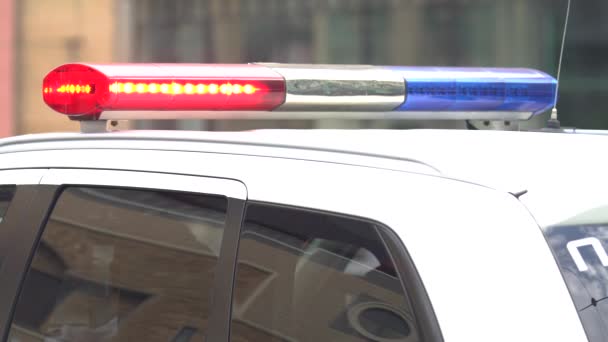 Блимає поліцейський спалах на даху поліцейського патрульного автомобіля — стокове відео