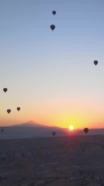 Κάθετο βίντεο με αερόστατα θερμού αέρα να πετούν στον ουρανό πάνω από την Καππαδοκία της Τουρκίας. — Αρχείο Βίντεο