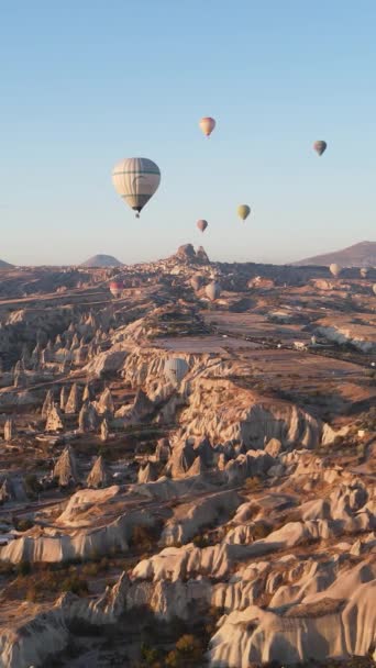 Vídeo vertical de globos de aire caliente volando en el cielo sobre Capadocia, Turquía. — Vídeo de stock